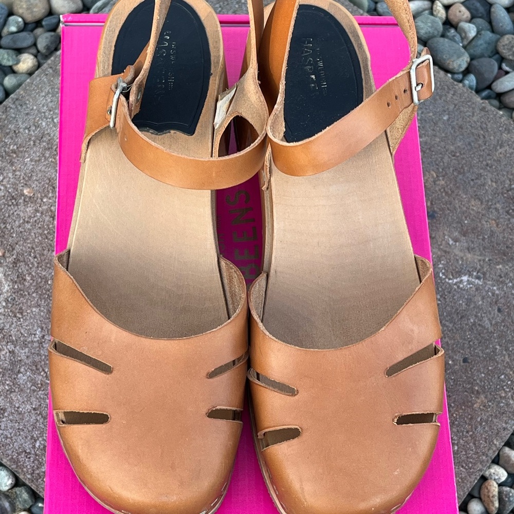 Swedish Hasbeens Tan Leather Mules Comfortable Clogs